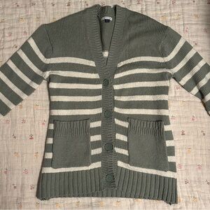 American Eagle Oversized Cardigan Sweater Striped Green and White